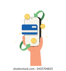 Digital wallet cash back and online payment concept. Money Cashback. Hand holding mobile phone with money transfer and payment.