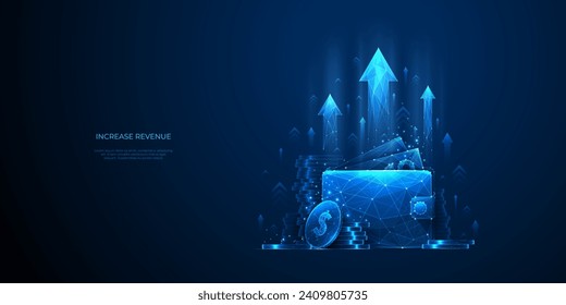 Digital Wallet with Cash and Dollar Coins. Increase Revenue Metaphor. Growth Arrows Up on a Blue Technology Background. Low Poly Wireframe Vector Illustration. Polygonal Business and Finance Concept.