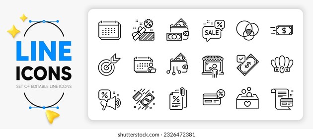 Digital wallet, Cashback and Payment card line icons set for app include Target, Donation, Sale outline thin icon. Crown, Tax documents, Market seller pictogram icon. Euler diagram. Vector