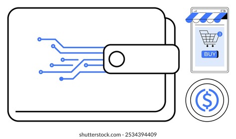 A digital wallet with circuit design alongside a mobile shopping app and a coin symbol Ideal for e-commerce fintech digital transactions mobile payments and financial technology. Line art style