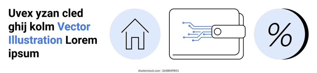 Digitale Brieftasche mit Schaltkreis-Design-Taste, Haussymbol im blauen Kreis und Prozentsymbol im blauen Kreis. Ideal für Finanzen, Technologie, Bankwesen, Sparen, Investitionen, mobile Zahlungen