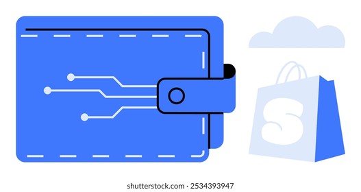 Cartera digital con diseño de circuito junto a una bolsa de la compra, indicando compras en línea y transacciones digitales. Ideal para comercio electrónico, pagos en línea, billeteras digitales, fintech y temas de compras