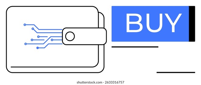 Digital wallet with circuit design next to a blue BUY button. Ideal for online shopping, e-commerce, digital payments, fintech apps, cryptocurrency transactions, financial technology, secure