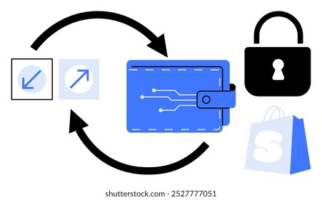 Carteira digital com linhas de circuito e setas de integração, rodeada por saco de compras e ícones de cadeado. Ideal para temas de finanças, comércio eletrônico, segurança digital, fintech e transações on-line