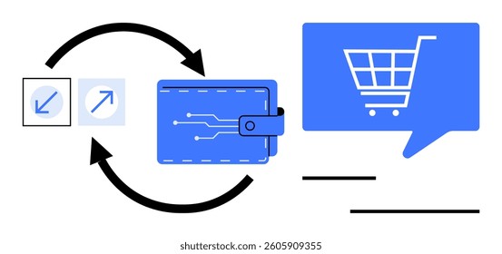 Digital wallet with circuit pattern and arrow icons indicating transaction flow, shopping cart inside a speech bubble. Ideal for finance, e-commerce, payment processing, digital wallets, online