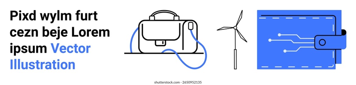 Carteira digital com circuito, saco compacto com correia, turbina de vento. Ideal para tecnologia, finanças, energia renovável, comércio eletrônico, dispositivos inteligentes, inovação, temas de sustentabilidade. Página inicial