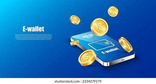 digital wallet and coin on mobile.Mobile design concept is an online wallet with coins.