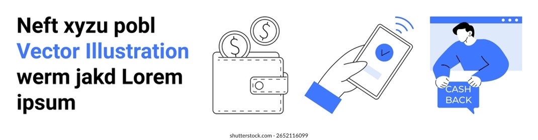 Carteira digital com moedas, uma mão fazendo um pagamento móvel e uma pessoa segurando um sinal de Cash Back. Ideal para aplicativos financeiros, compras on-line, promoções de cash back, banco móvel, carteiras digitais