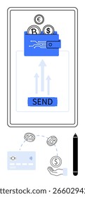 Cartera digital con monedas, ENVIAR Botón en la pantalla del teléfono inteligente, tarjeta de crédito, pago de recepción de mano, lápiz del teléfono. Ideal para finanzas, fintech, transacciones digitales, App móviles de banca en línea