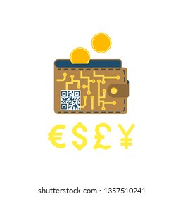 Digital Wallet. Digital Wallet Concept with Coins and Different Currency Vector Flat Icon Isolated on White Background.