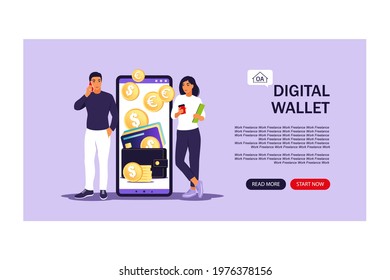 Digital wallet concept. Landing page. Young people pays card using mobile payment. Vector illustration. Flat.