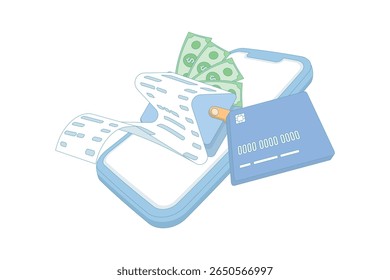 Digital Wallet Konzept. Mobile mit Banknoten, Münzen und Quittungen, Digitale Online-Rechnung Zahlung. Online-Zahlungen und digitale Transaktionen. flache Konstruktionsgrafik.