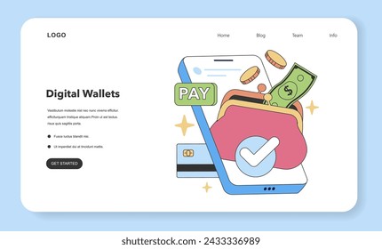 Digital Wallet concept. Showcases simplified money management and payment via electronic wallet. Financial tech for ease of use. Flat vector illustration.