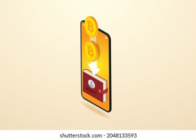 Digital wallet concept in smartphone. Cryptocurrency payments and blockchain technology digital money. isometric vector illustration.