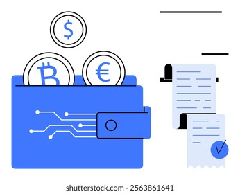 Digital wallet containing Bitcoin, Dollar, and Euro coins alongside a receipt. Ideal for cryptocurrency transactions, digital payments, financial management, online shopping, and bookkeeping. Flat