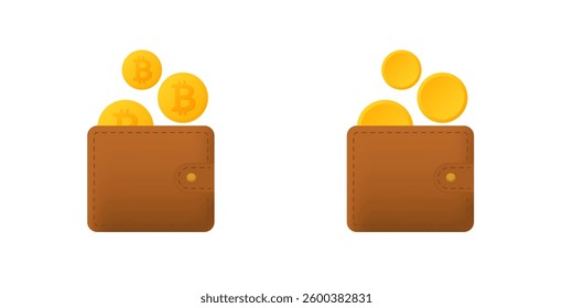 A digital wallet containing bitcoin and regular coins shows the contrast between new and old currency.