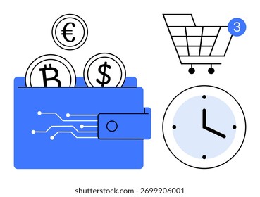 Carteira digital contendo moedas de Euro, Bitcoin e Dólar, um carrinho de compras com notificação e um relógio mostrando o tempo. Ideal para e-commerce, criptomoeda, gestão financeira, compras on-line