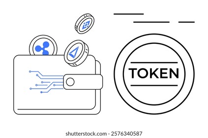 A digital wallet containing various cryptocurrency coins including Bitcoin Ether and bank along with tokens. Ideal for finance technology blockchain investment and digital assets themes. Clean modern