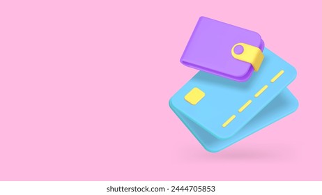 Digital wallet with credit debit card banking e money shopping banner copy space 3d icon realistic vector illustration. Electronic financial deposit investment budget commercial cashless pay transfer