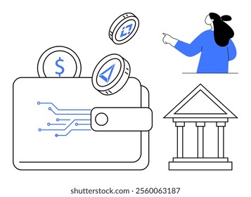 Digital wallet with cryptocurrencies, person pointing, and bank building. Ideal for finance, banking, digital payments, cryptocurrency, and fintech. Clean and modern style