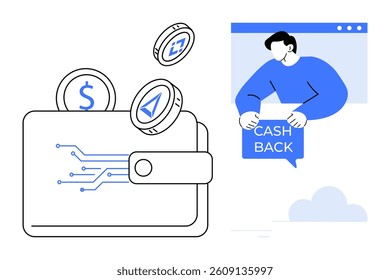 Digital wallet with cryptocurrency coins hovering around it. On the right, a person holding a sign saying cash back from a website window. Ideal for cryptocurrency, digital payments, e-commerce, cash