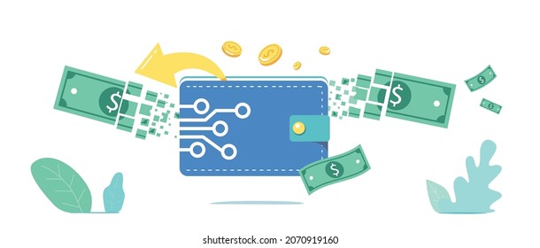 Digital Wallet and Currency Mobile Banking, Online Finance, E-commerce Concept. Dollar Bills and Purse with Microcircuits, Finance Transactions, Cashless Payment Tech. Cartoon Vector Illustration
