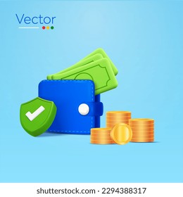 Digital wallet with dollar, green check mark, coin stacks on the right, isolated on background. Minimal design concept for finance, business advertising. 3d vector illustration svg