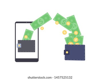 Digital Wallet And E-commerce Concept Flat Vector Illustration Isolated On White Background. Mobile Banking And Online Finance Banner Template For Mobile Apps And Web.