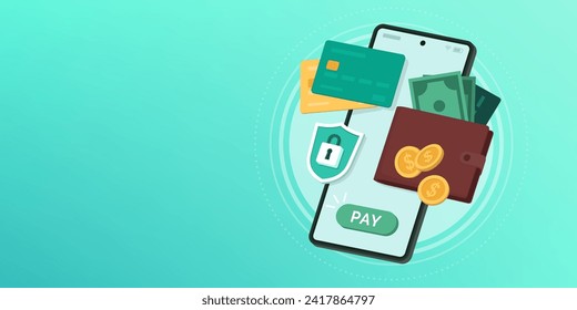Cartera digital, pagos electrónicos y aplicación de banca en línea en smartphone, banner con espacio para copiar