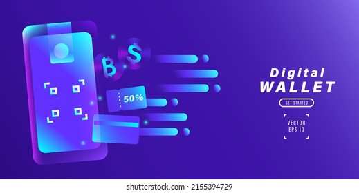 Digital wallet e-money bitcoin pay online moblie banking icon app landing page.Currency e-commerce application.Shopping online.Background technology smart infographic business Vector eps10.