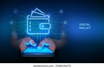 Digital wallet. E-wallet. Businessman hand using smartphone for online payment by digital wallet. Mobile banking, money transaction, e-commerce banner. Circuit board background. Vector Illustration.