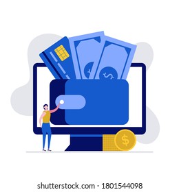 Cartera digital y concepto de billetera electrónica con personajes haciendo pagos usando smartphone. Pago en línea, transferencia electrónica. Ilustración vectorial moderna en estilo plano para página de inicio, aplicación móvil, imágenes de héroe.