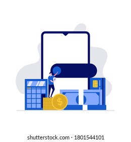 Cartera digital y concepto de billetera electrónica con personajes haciendo pagos usando smartphone. Pago en línea, transferencia electrónica. Ilustración vectorial moderna en estilo plano para página de inicio, aplicación móvil, imágenes de héroe.