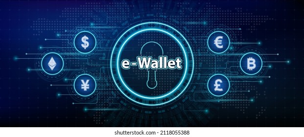 Digital wallet or E-Wallet. Currency symbols Dollar, euro, yen, pound, bitcoin and ethereum. Internet banking app. Mobile phone payment with NFC technology. On futuristic world background. Vector.