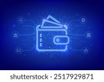 Digital wallet. E-wallet. Online payment by digital wallet. Online banking service application. Mobile banking, money transaction, e-commerce. Circuit board pattern background. Vector illustration.