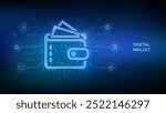 Digital wallet. E-wallet. Online payment by digital wallet. Online banking service application. Mobile banking, money transaction, e-commerce. Circuit board pattern background. Vector illustration.