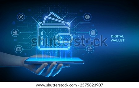Digital wallet. E-wallet. Online payment via a digital wallet in a banking application using a smartphone. Mobile banking, money transaction, e-commerce. Circuit board background. Vector Illustration.