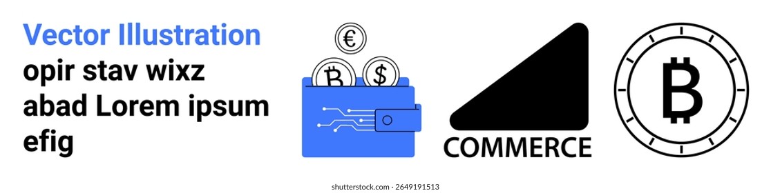 Digital wallet filled with coins, e-commerce tag, Bitcoin symbol. Ideal for digital transactions, online shopping, cryptocurrency, modern commerce solutions, fintech, finance apps, and investment