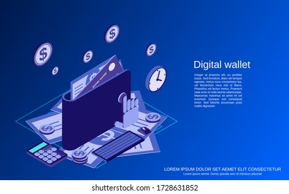 Digital wallet flat 3d isometric vector concept illustration