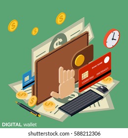 Digital wallet flat 3d isometric vector concept illustration