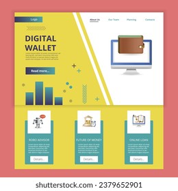 Plantilla del sitio web de la página de inicio plana de la cartera digital. Asesora de Robo, futuro del dinero, préstamo en línea. Banner web con encabezado, contenido y pie de página. Ilustración vectorial.