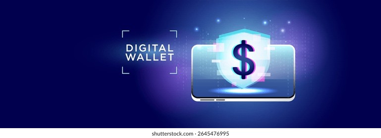 Digital Wallet with a glowing shield and dollar symbol displayed on a smartphone screen, representing secure financial technology and mobile transactions.