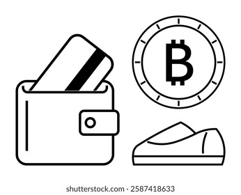 Digital wallet holding a credit card, a circular Bitcoin coin, and a shoe. Ideal for finance, digital currency, online shopping, banking, e-commerce, financial security, and modern technology. Line