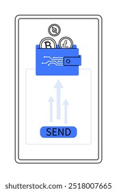 Uma carteira digital que contém moedas criptomoedas, incluindo Bitcoin. Um grande botão SEND está visível na parte inferior. Ideal para transações de criptomoedas, pagamentos digitais, banco móvel, aplicativos fintech,