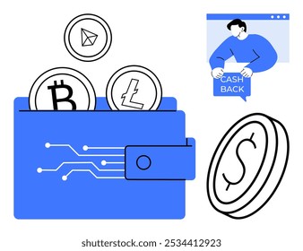 A digital wallet holds Bitcoin, smart contract coins. Next to it, a person promotes a cashback offer. Ideal for cryptocurrency, digital finance, investments, savings, and online