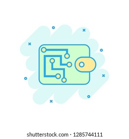 Digital wallet icon in comic style. Crypto bag vector cartoon illustration pictogram. Online finance, e-commerce business concept splash effect.