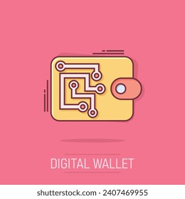 Digital wallet icon in comic style. Crypto bag vector cartoon illustration pictogram. Online finance, e-commerce business concept splash effect.