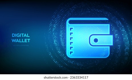 Digital wallet. Wallet icon made with currency symbols. Mobile banking, online finance, e-commerce banner. Dollar, euro, yen and pound icons. Background with currency signs. Vector illustration.
