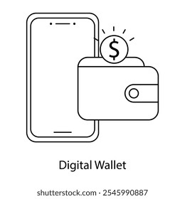 Icono de billetera digital: billetera móvil con signo de dólar para transacciones digitales seguras.