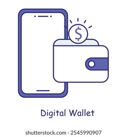 Icono de billetera digital: billetera móvil con signo de dólar para transacciones digitales seguras.